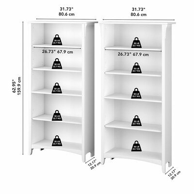 Bush Furniture Salinas 5-Shelf 63"H Tall Bookcase, Shiplap Gray/Pure White, 2/Set (SAL036G2W)