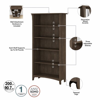 Bush Furniture Salinas 5-Shelf 63"H Bookcase, Ash Brown (SAB132ABR-03)