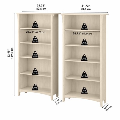 Bush Furniture Salinas 63"H 5-Shelf Tall Bookcase, Antique White, 2/Set (SAL036AW)