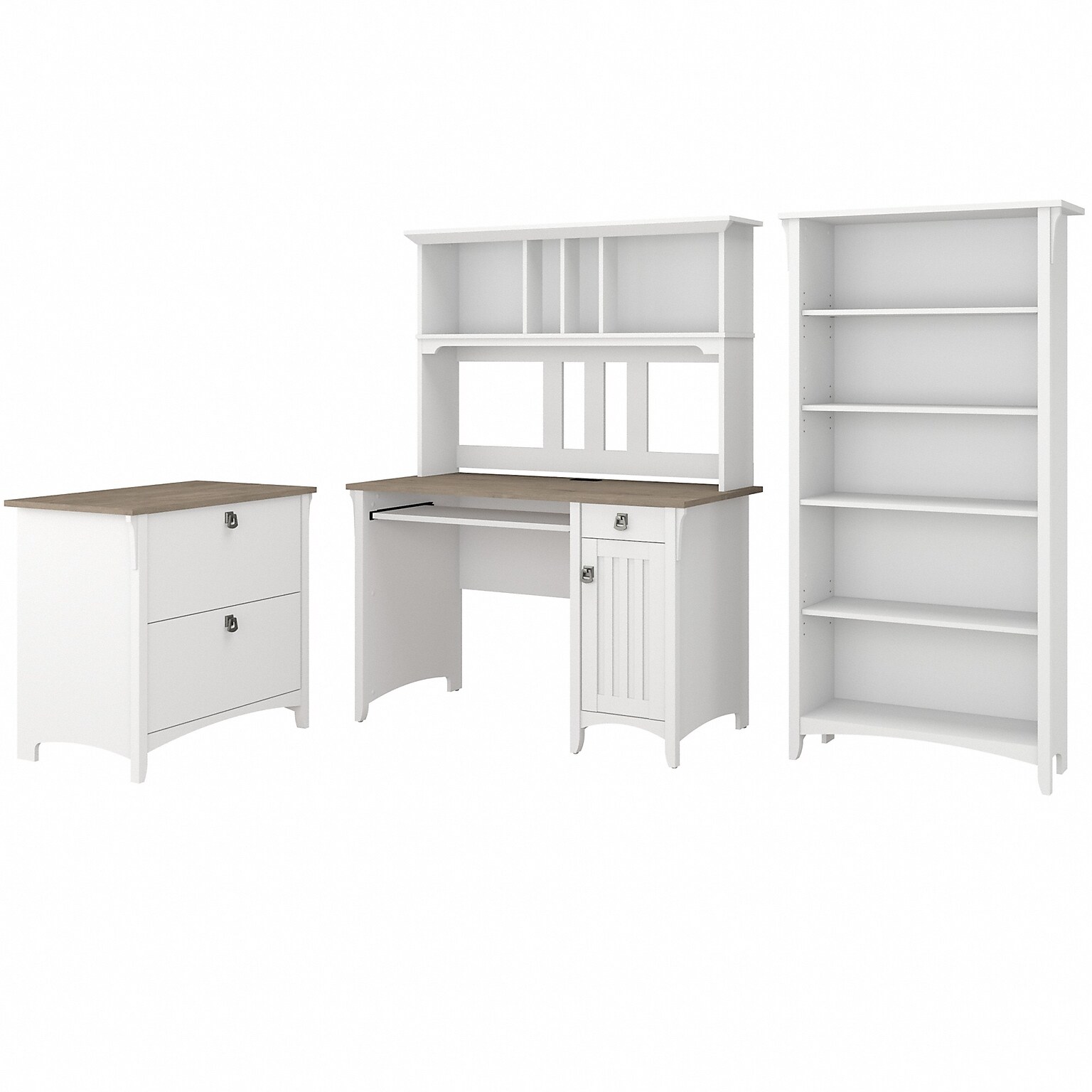 Bush Furniture Salinas 47 Computer Desk with Hutch, Lateral File Cabinet and 5-Shelf Bookcase, Gray/Pure White (SAL002G2W)