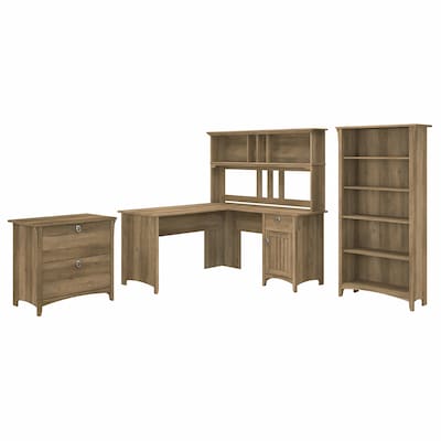 Bush Furniture Salinas 60W L Shaped Desk with Hutch, Lateral File Cabinet and 5 Shelf Bookcase, Rec