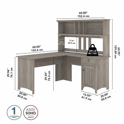 Bush Furniture Salinas 60"W L Shaped Desk with Hutch, Driftwood Gray (SAL004DG)