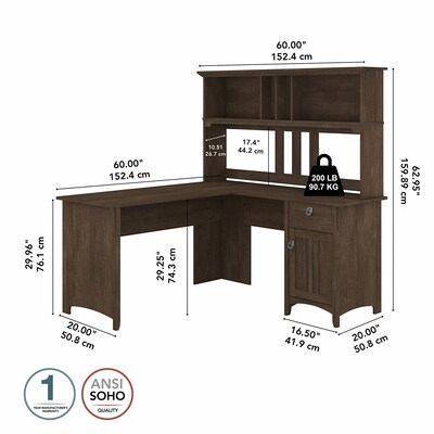 Bush Furniture Salinas 60"W L Shaped Desk with Hutch, Ash Brown (SAL004ABR)