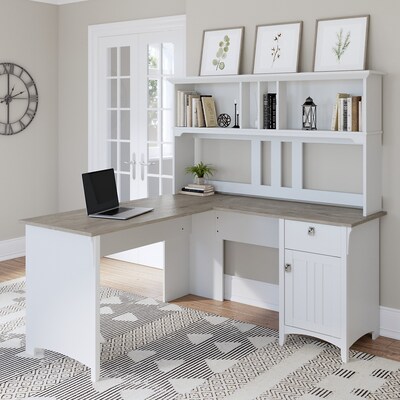 Bush Furniture Salinas 60"W L Shaped Desk with Hutch, Shiplap Gray/Pure White (SAL004G2W)