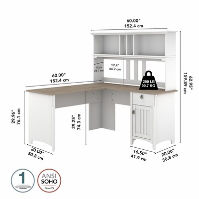 Bush Furniture Salinas 60"W L Shaped Desk with Hutch, Shiplap Gray/Pure White (SAL004G2W)