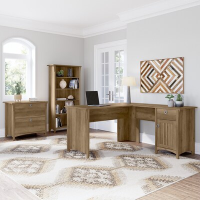 Bush Furniture Salinas 60 L-Shaped Desk with Lateral File Cabinet and 5-Shelf Bookcase, Reclaimed P