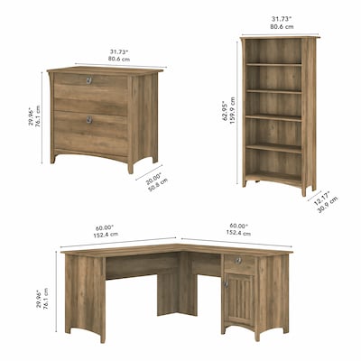 Bush Furniture Salinas 60"W L Shaped Desk with Lateral File Cabinet and 5 Shelf Bookcase, Reclaimed Pine (SAL003RCP)