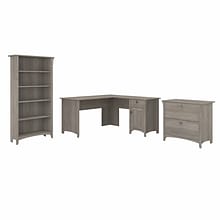 Bush Furniture Salinas 60W L Shaped Desk with Lateral File Cabinet and 5 Shelf Bookcase, Driftwood