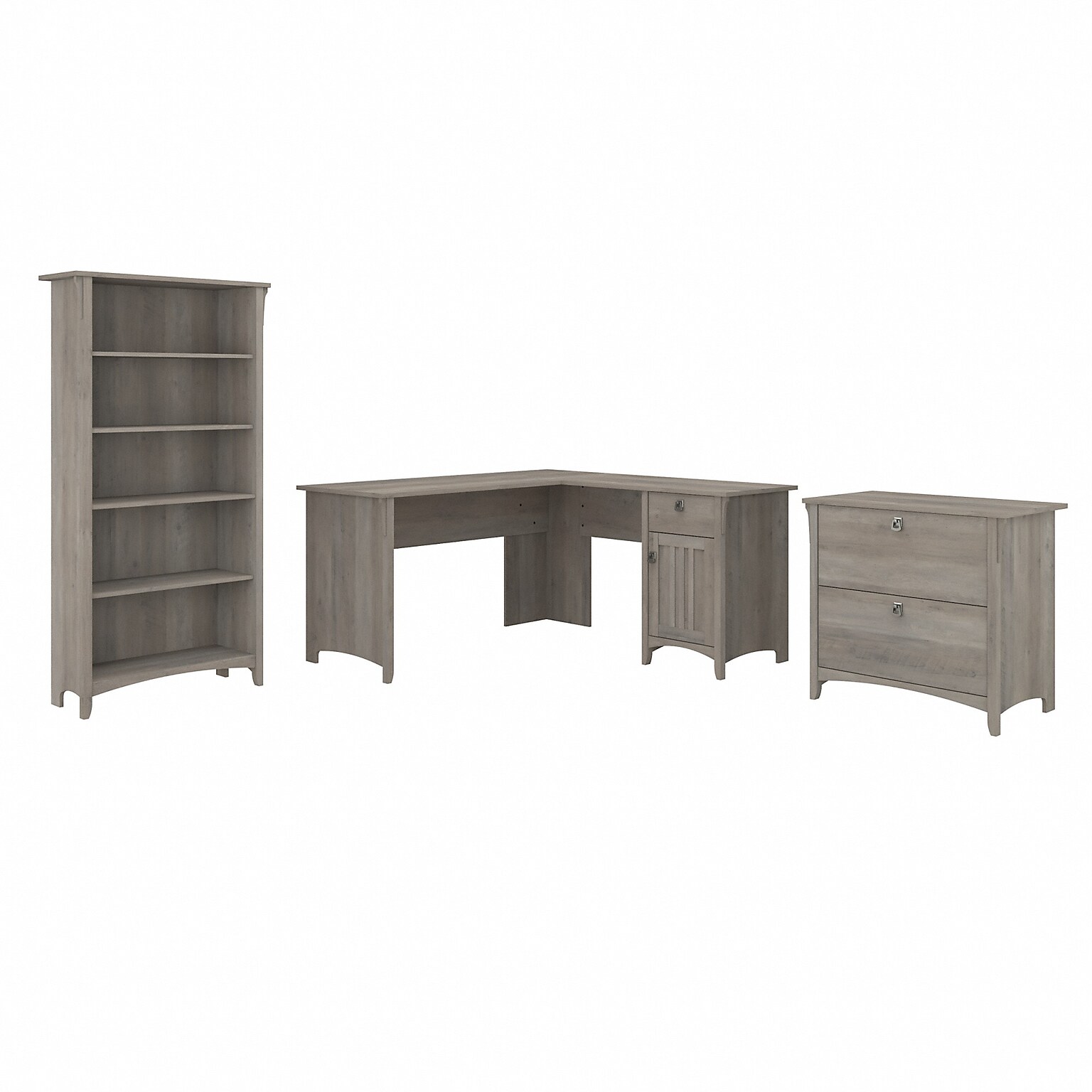 Bush Furniture Salinas 60W L Shaped Desk with Lateral File Cabinet and 5 Shelf Bookcase, Driftwood Gray (SAL003DG)
