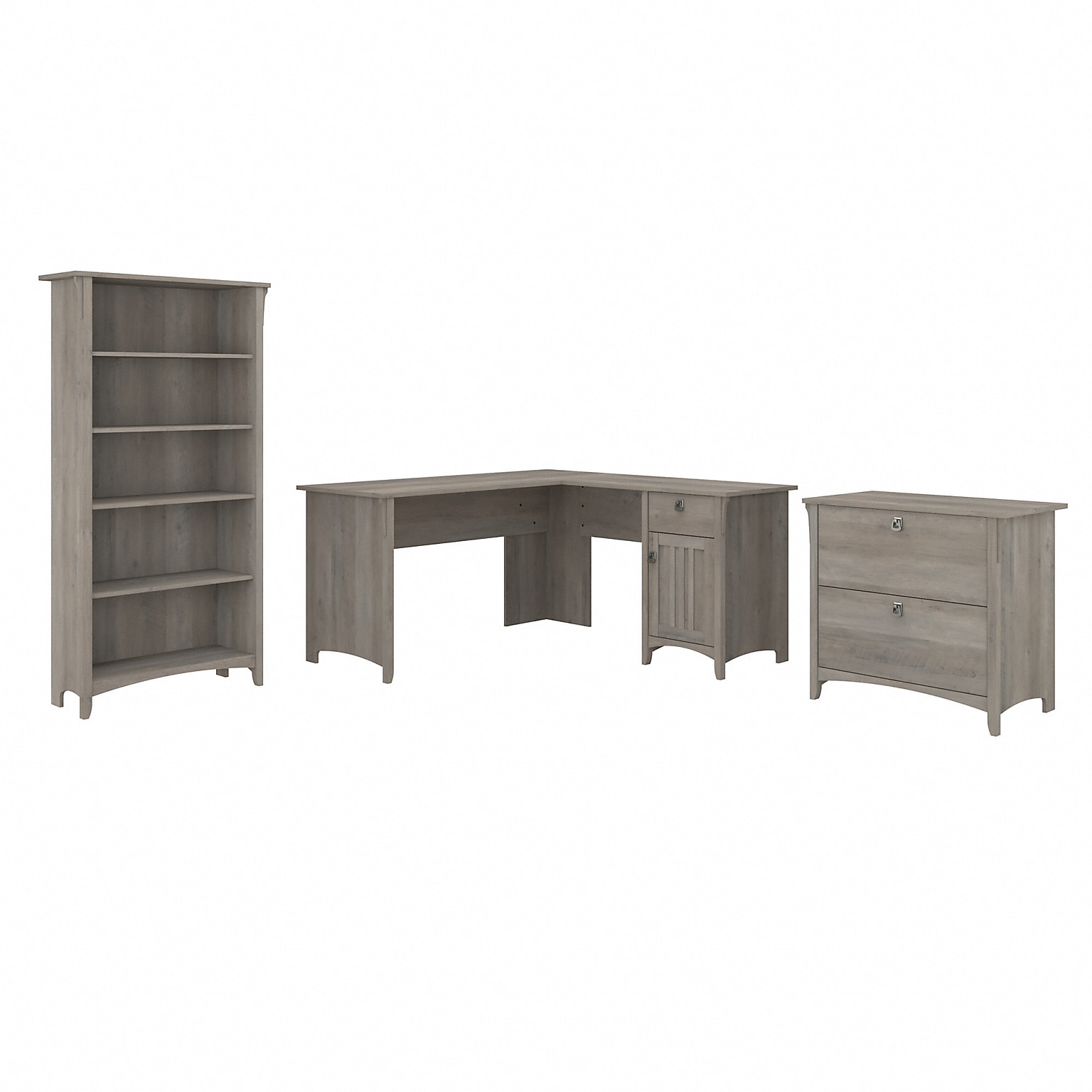 Bush Furniture Salinas 60 L-Shaped Desk with Lateral File Cabinet and 5-Shelf Bookcase, Driftwood Gray (SAL003DG)
