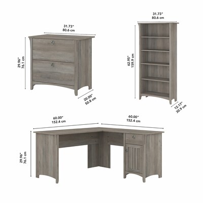 Bush Furniture Salinas 60"W L Shaped Desk with Lateral File Cabinet and 5 Shelf Bookcase, Driftwood Gray (SAL003DG)