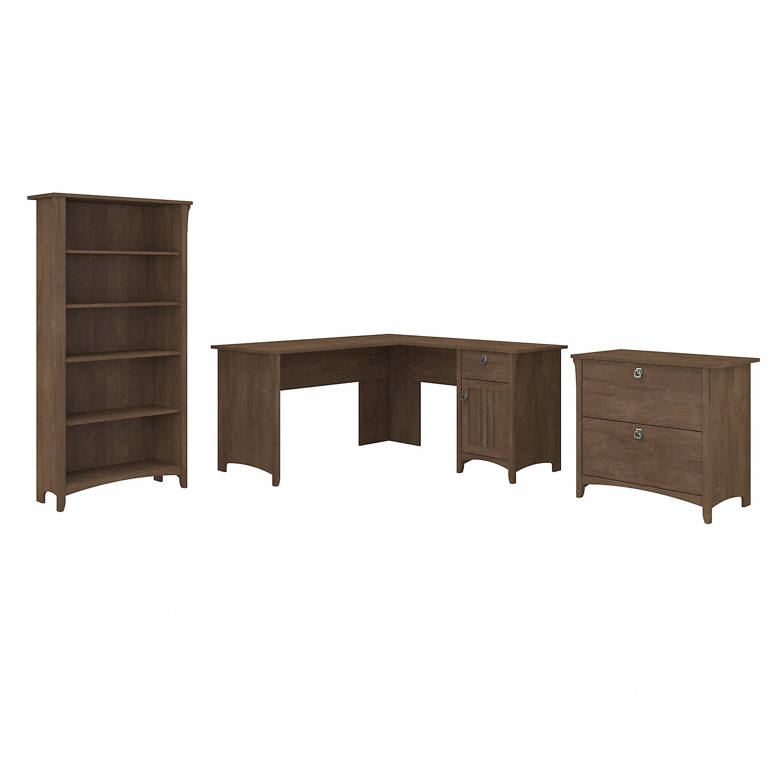 Bush Furniture Salinas 60W L Shaped Desk with Lateral File Cabinet and 5 Shelf Bookcase, Ash Brown (SAL003ABR)