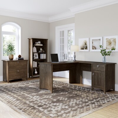 Bush Furniture Salinas 60"W L Shaped Desk with Lateral File Cabinet and 5 Shelf Bookcase, Ash Brown (SAL003ABR)