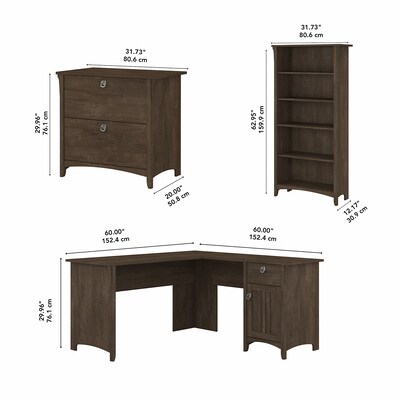 Bush Furniture Salinas 60"W L Shaped Desk with Lateral File Cabinet and 5 Shelf Bookcase, Ash Brown (SAL003ABR)
