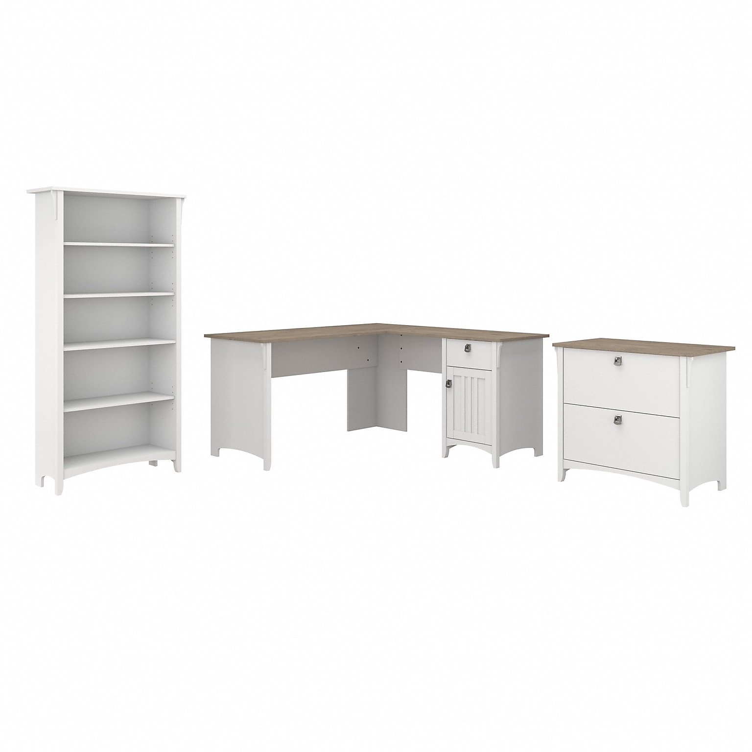 Bush Furniture Salinas 60W L Shaped Desk with Lateral File Cabinet and 5 Shelf Bookcase, Shiplap Gray/Pure White (SAL003G2W)