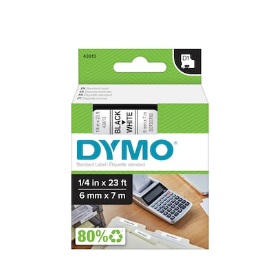 DYMO D1 Standard 43613 Label Maker Tape, 1/4 x 23, Black on White (43613)