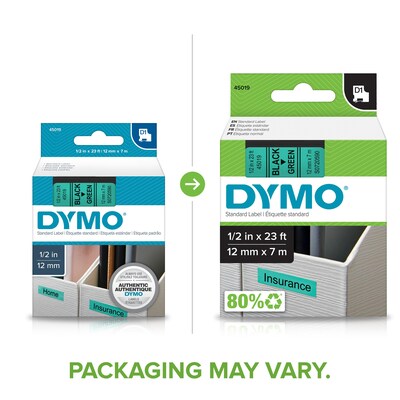 DYMO D1 Standard 45019 Label Maker Tape, 1/2 x 23, Black on Green (45019)