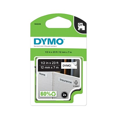 Dymo D1 1926208 Label Maker Tape, 1/2W, White, 2/Pack