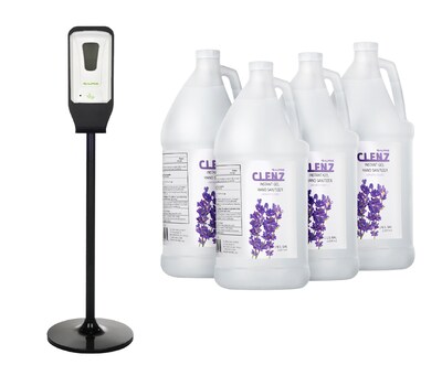 Alpine Industries Automatic Wall Mount Get Hand Sanitizer Dispenser with Floor Stand, 40 oz., and Case of 1 Gal. Gel Sanitizer