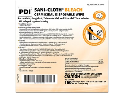 PDI Sani-Cloth Bleach Wipe Refill, 160/Refill, 2 Refills/Carton (P700RF)