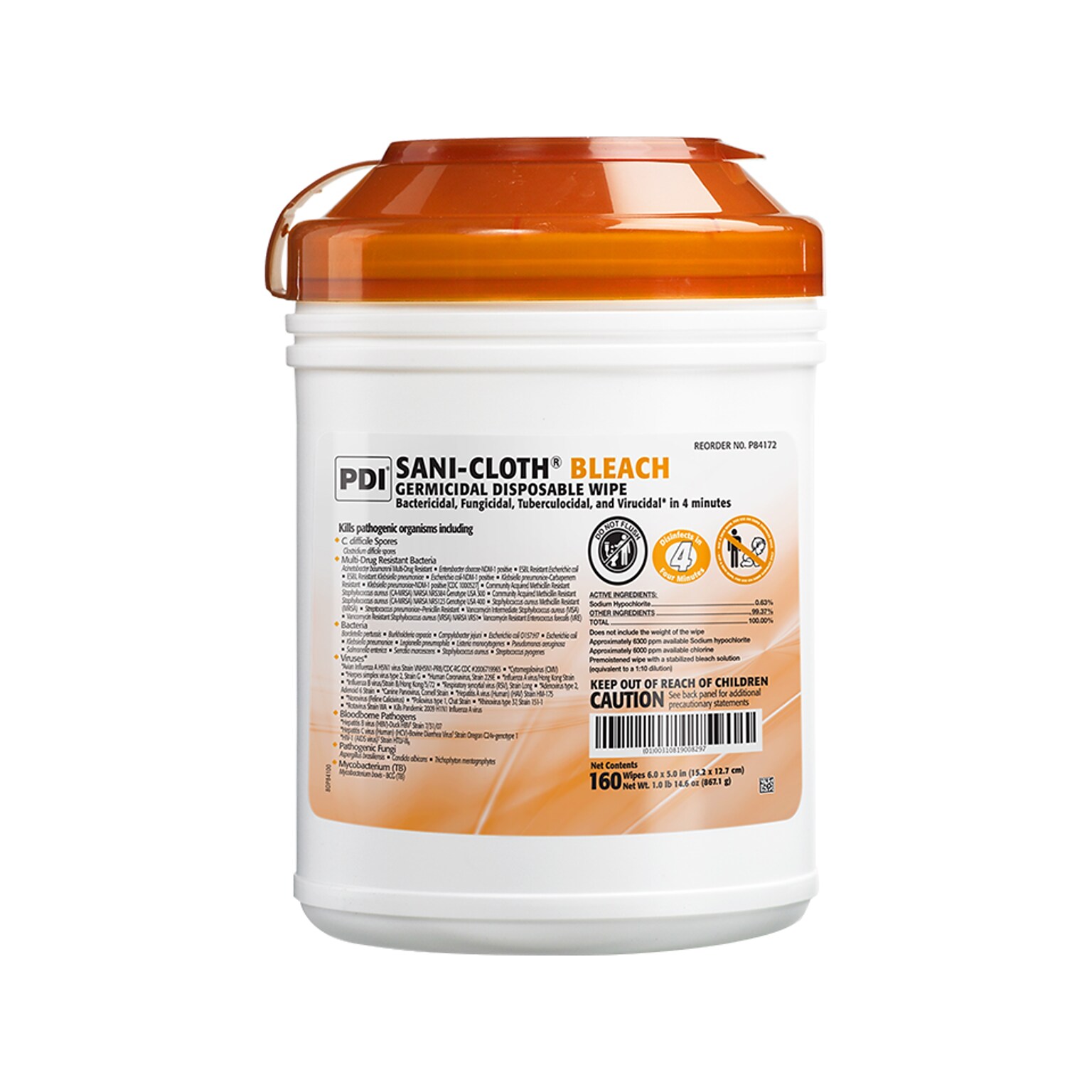 PDI Sani-Cloth Bleach Wipes, 160/Canister, 12 Canisters/Carton (P84172)