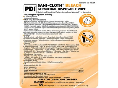 PDI Sani-Cloth Bleach Wipes, 65/Pack (P25784)