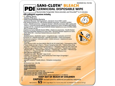 PDI Sani-Cloth Bleach Wipes, 65/Canister, 6 Canisters/Carton (P25784CT)