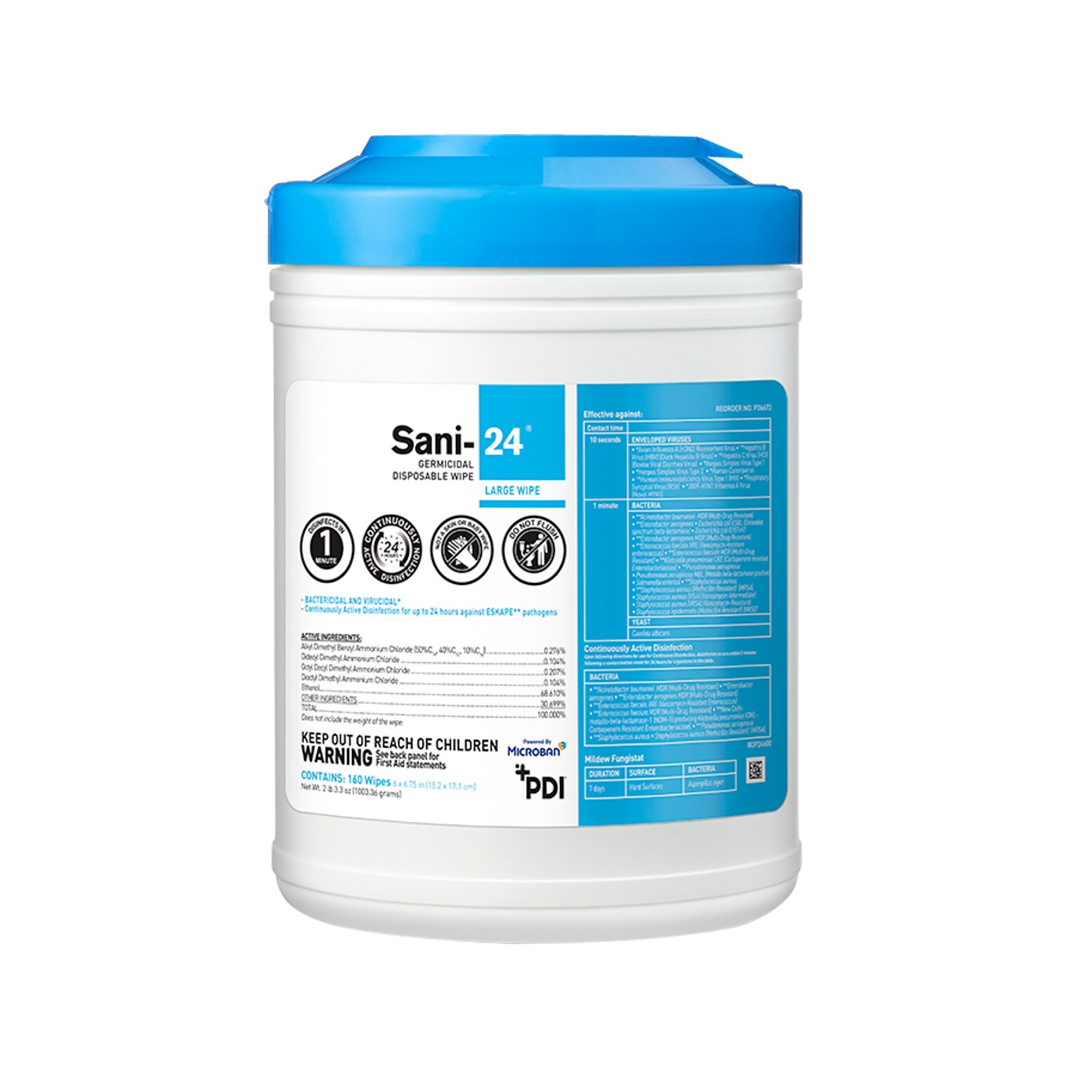 PDI Sani-24 Germicidal Disposable Disinfecting Wipes, 160/Canister, 12 Canisters/Carton (P26672CT)