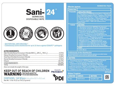 PDI Sani-24 Germicidal Disposable Wipes, 160 Wipes/Container (P26672)