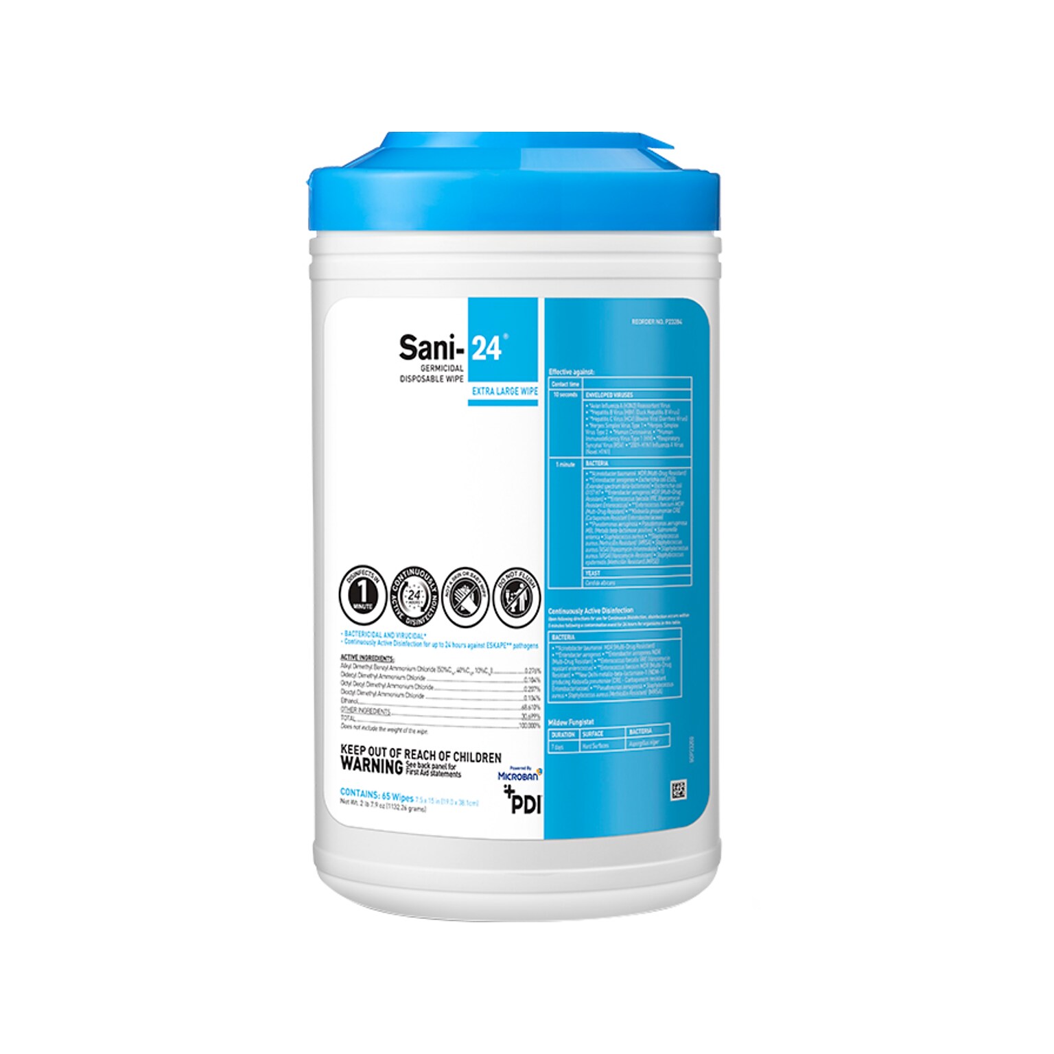 PDI Sani-24 Germicidal Disposable Disinfecting Wipes, 65/Canister, 6 Canisters/Carton (P23284CT)
