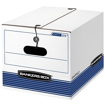 Bankers Box Stor/File Medium-Duty FastFold File Storage Boxes, String & Button, Letter/Legal Size, White/Blue, 12/Carton (00025)