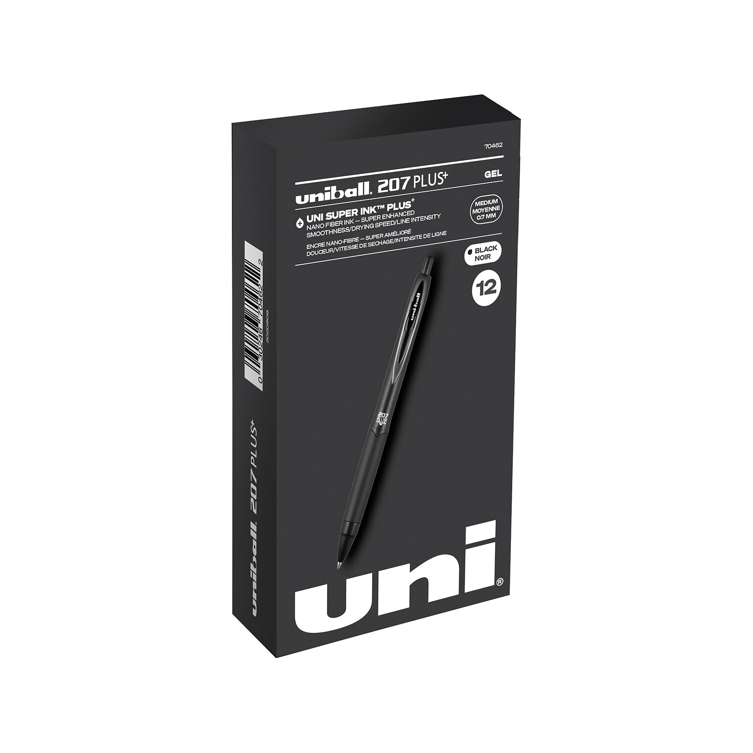 uniball 207 Plus+ Retractable Gel Pens, Medium Point, 0.7mm, Black Ink, 12/Pack (70462)