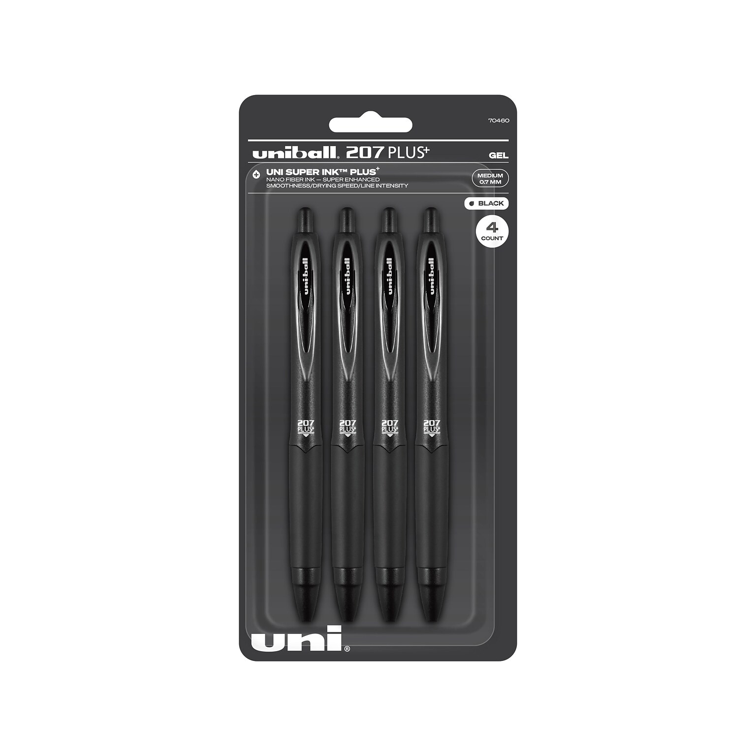 uni-ball 207 Plus+ Retractable Gel Pen, Medium Point, Black Ink, 4/Pack (70460)