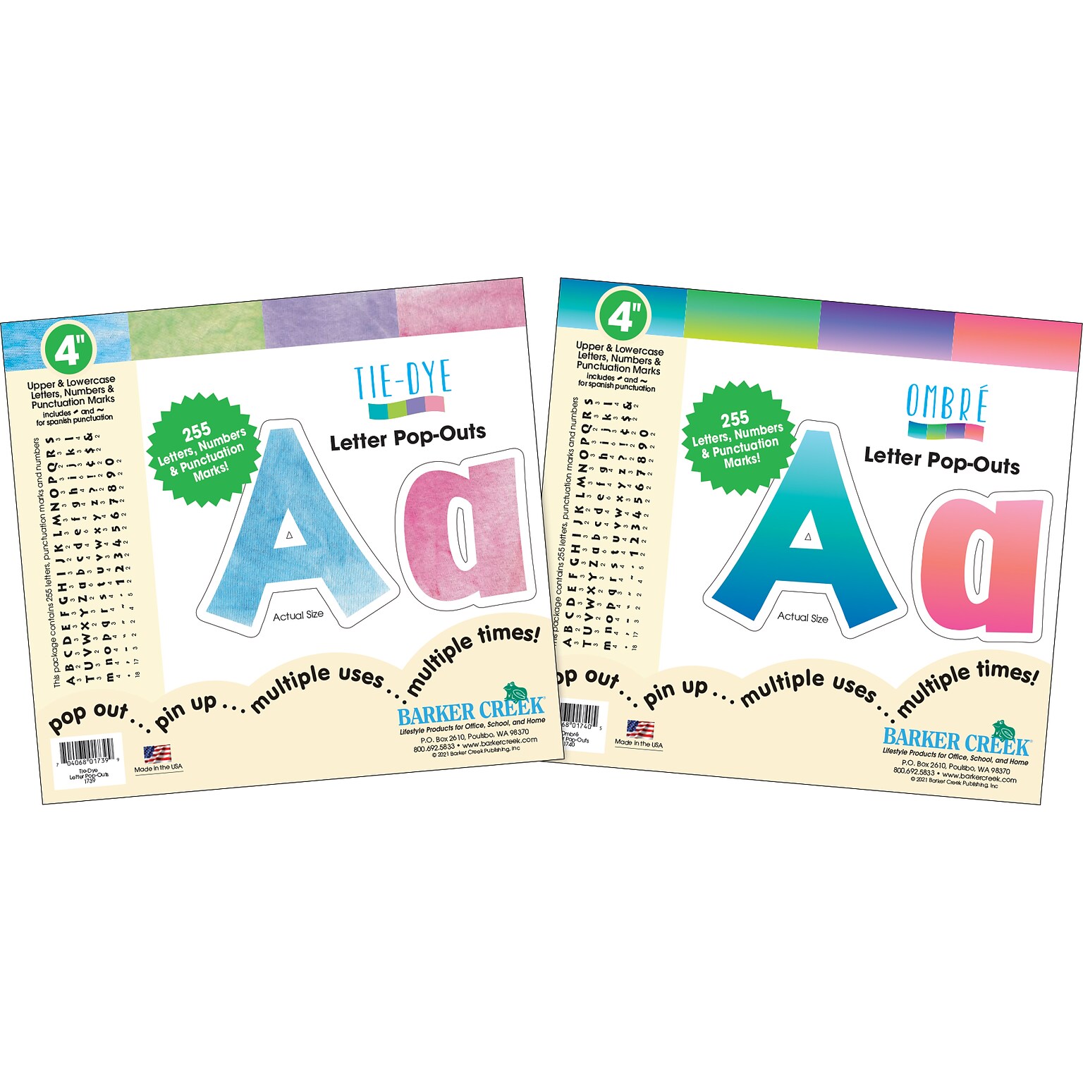 Barker Creek Tie 4 Dye & Ombré Letters and Numbers, Multicolored, 510/Pack (4347)
