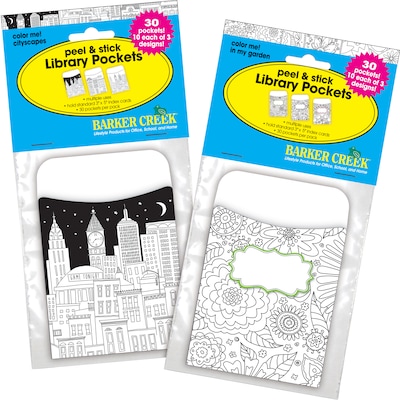 Barker Creek Color Me! Peel & Stick Library Pockets, Multi Design Set, 60/Set (4138)