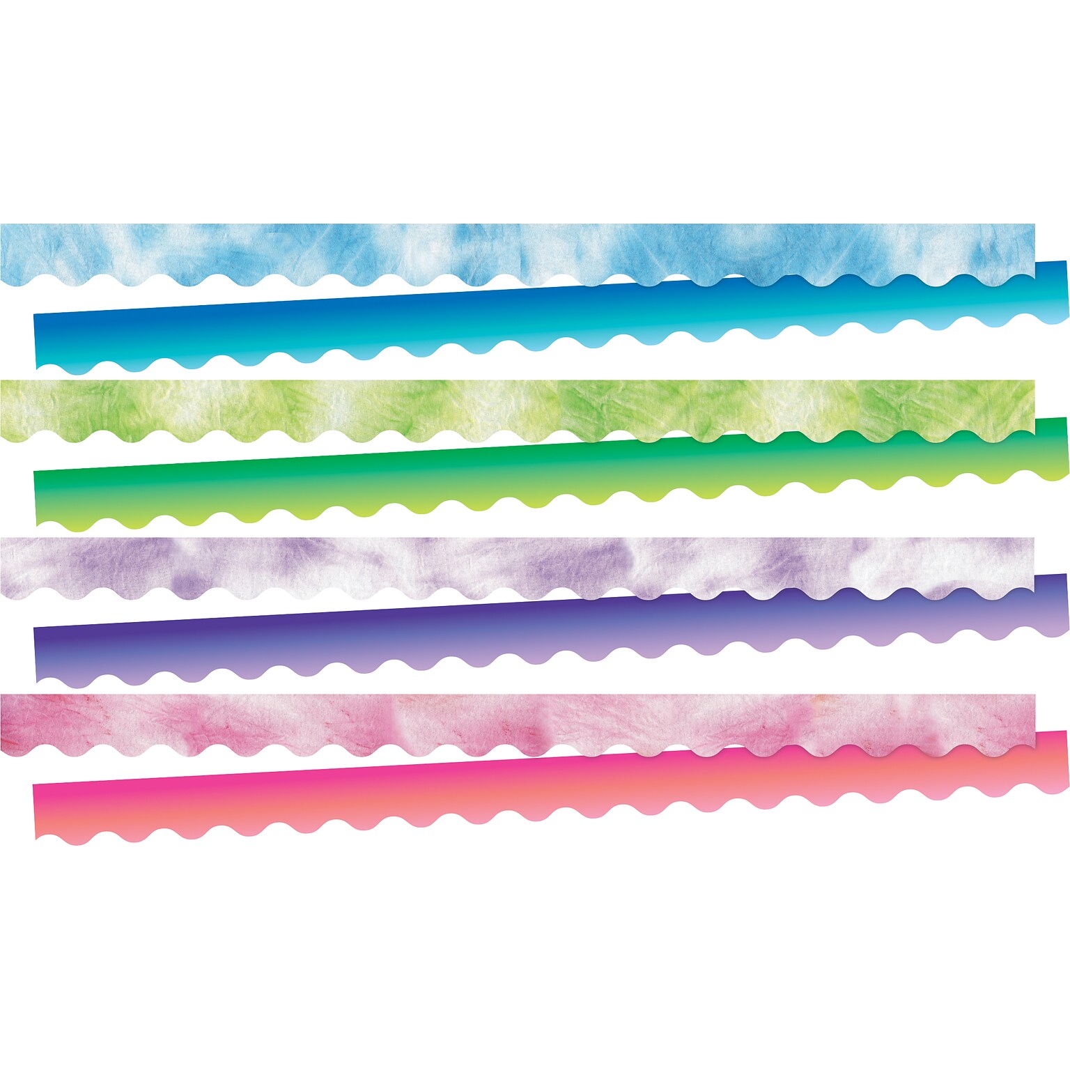 Barker Creek Double-Sided Scalloped Border Set, 36 x 2.25, Tie-Dye and Ombré, 4 designs, 52/Set (4427)