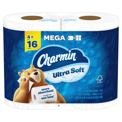 Charmin Ultra Soft 2-Ply Mega Toilet Paper, White, 244 Sheets/Roll, 4 Rolls/Pack, 6 Packs/Carton (01
