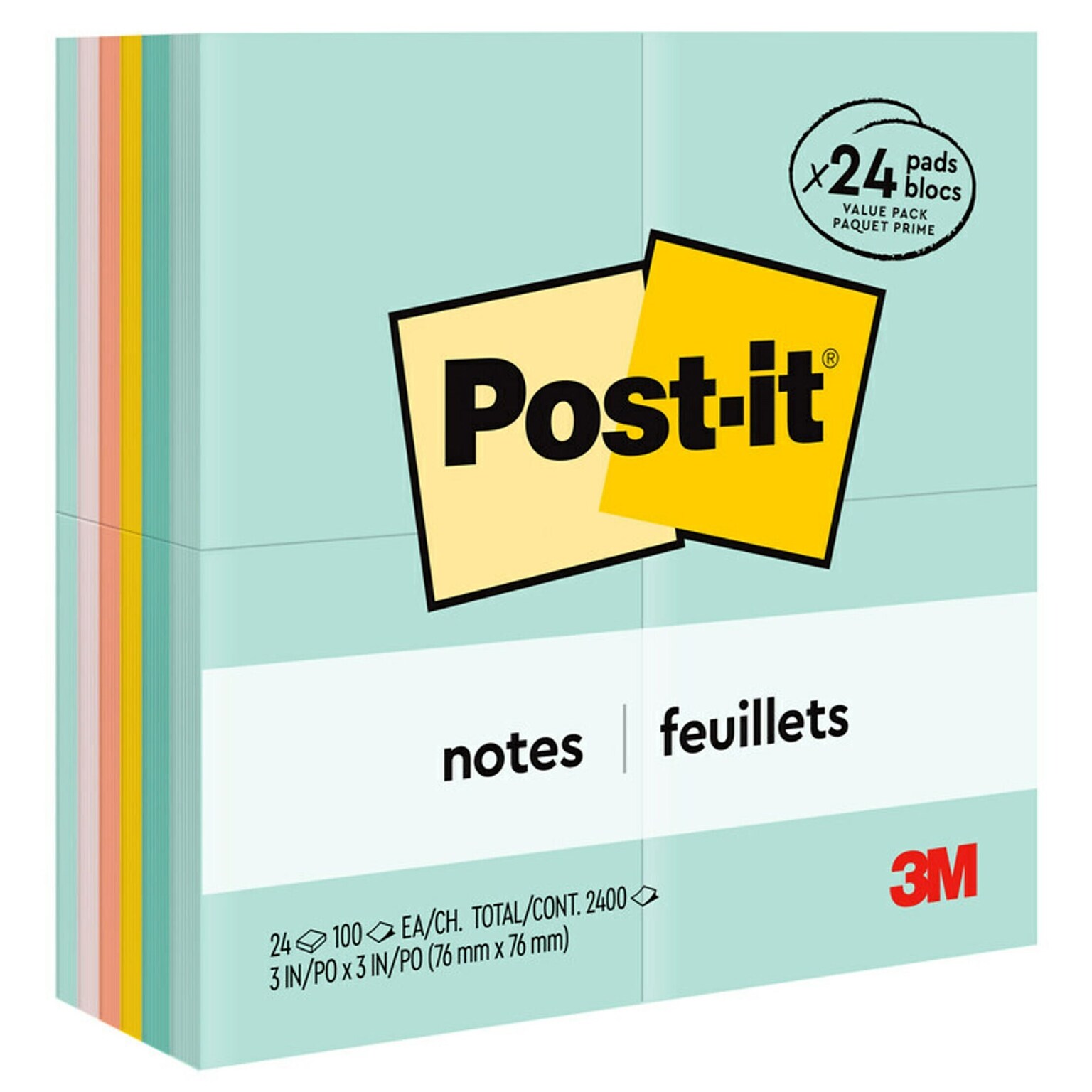 Post-it® Notes, 3 x 3, Beachside Café Collection, 100 Sheets/Pad, 24 Pads/Pack (654-24APVAD)