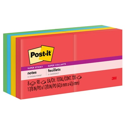 Post-it® Super Sticky Notes, 1 7/8 x 1 7/8, Playful Primaries Collection, 90 Sheets/Pad, 8 Pads/Pa