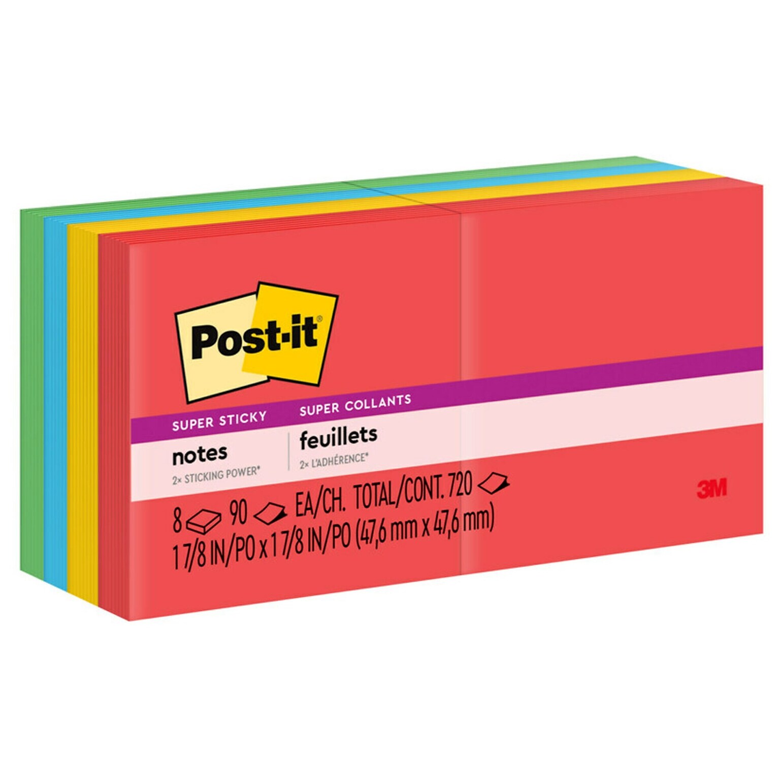 Post-it® Super Sticky Notes, 1 7/8 x 1 7/8, Playful Primaries Collection, 90 Sheets/Pad, 8 Pads/Pack (622-8SSAN)