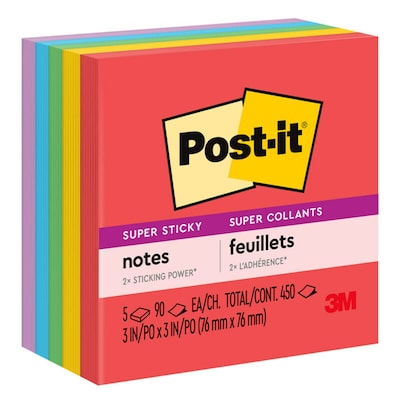 Post-it Super Sticky Notes, 3 x 3, Playful Primaries Collection, 90 Sheets/Pad, 5 Pads/Pack (654-5