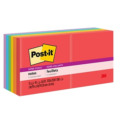 Post-it® Super Sticky Notes, 3 x 3, Playful Primaries Collection, 90 Sheets/Pad, 12 Pads/Pack (654-12SSAN)