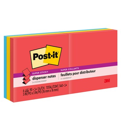 Post-it® Pop-Up Super Sticky Notes, 3 x 3, Playful Primaries Collection, 90 Sheets/Pad, 6 Pads/Pac