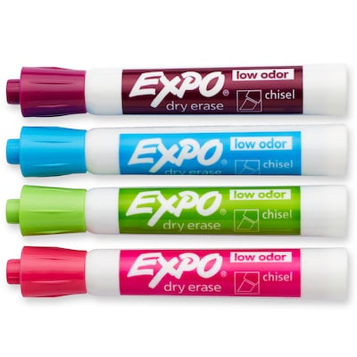 Wet Erase Markers, Chisel, Assorted, 4/Pack