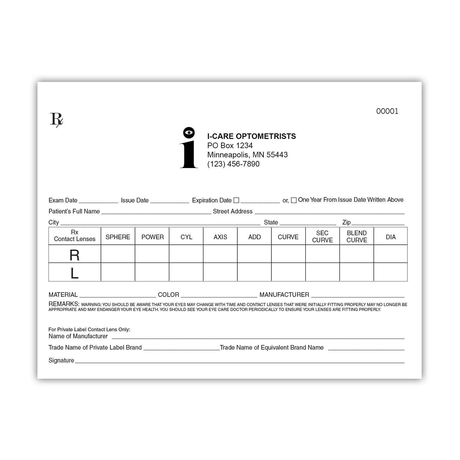 Numbered Custom Contact Lens RX Pads, Single Copy, 10 Pads per Pack