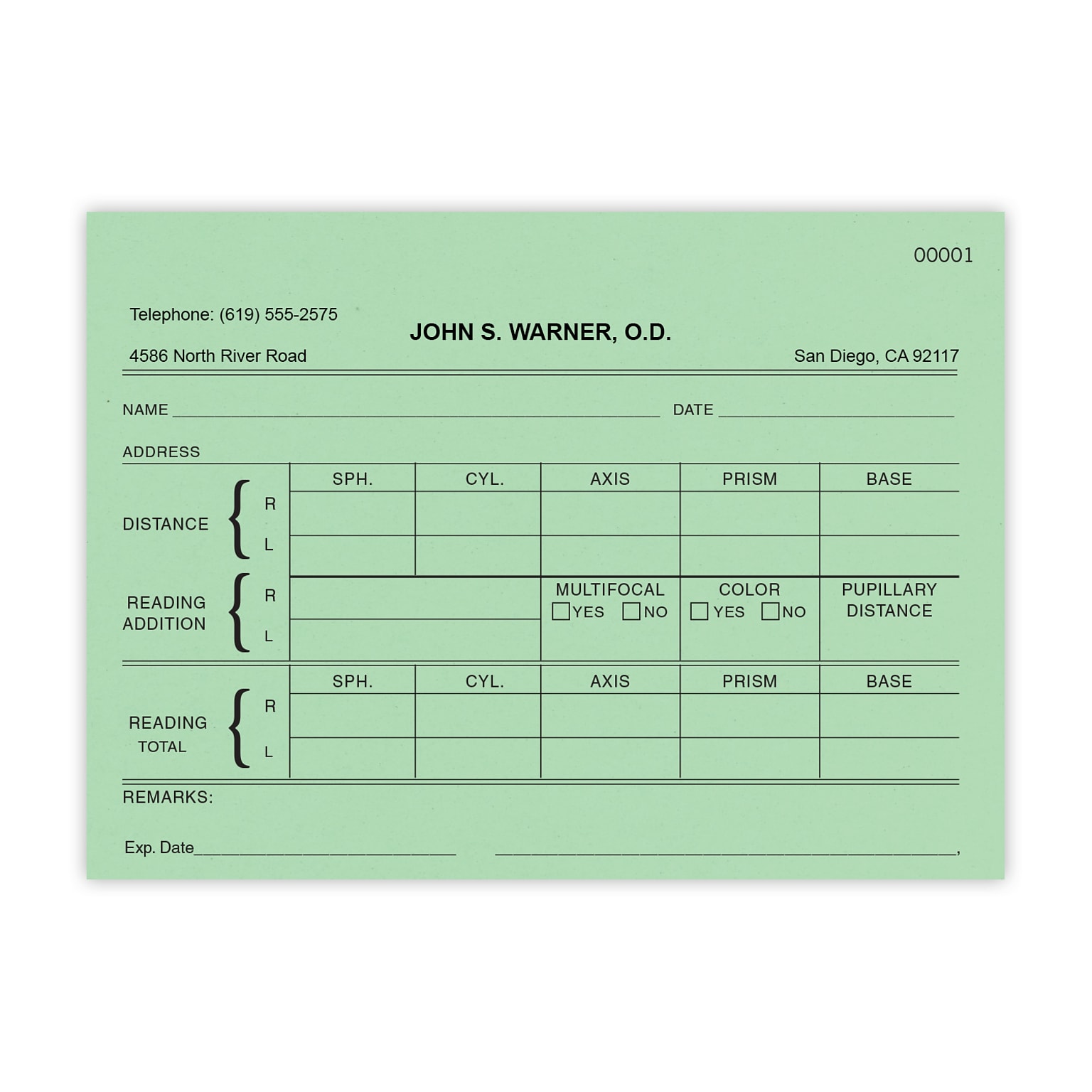 Numbered Optical RX Pads, Single Copy, Green Paper, 10 Pads per Pack
