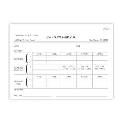 Numbered Optical RX Pads, Single Copy, White Paper, 10 Pads per Pack