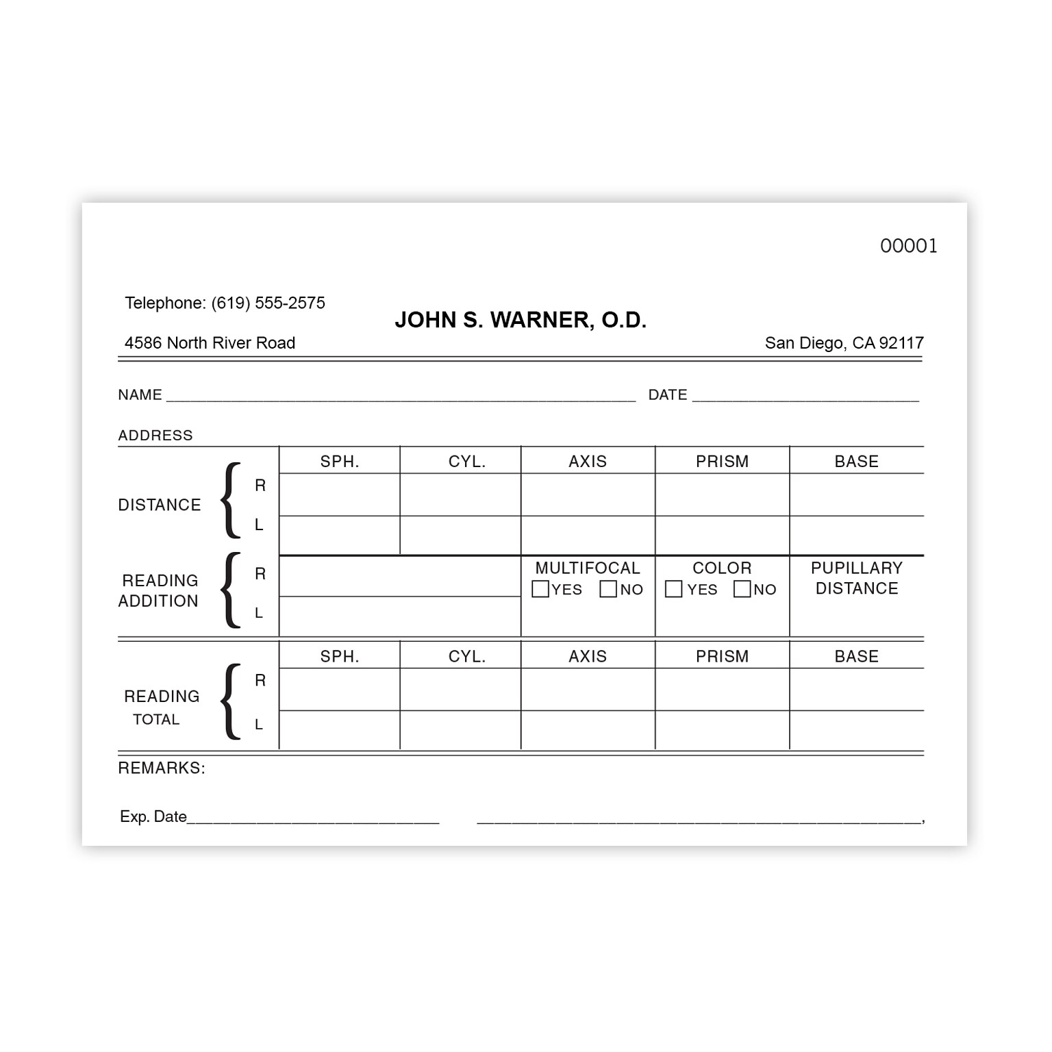 Numbered Optical RX Pads, Single Copy, White Paper, 10 Pads per Pack