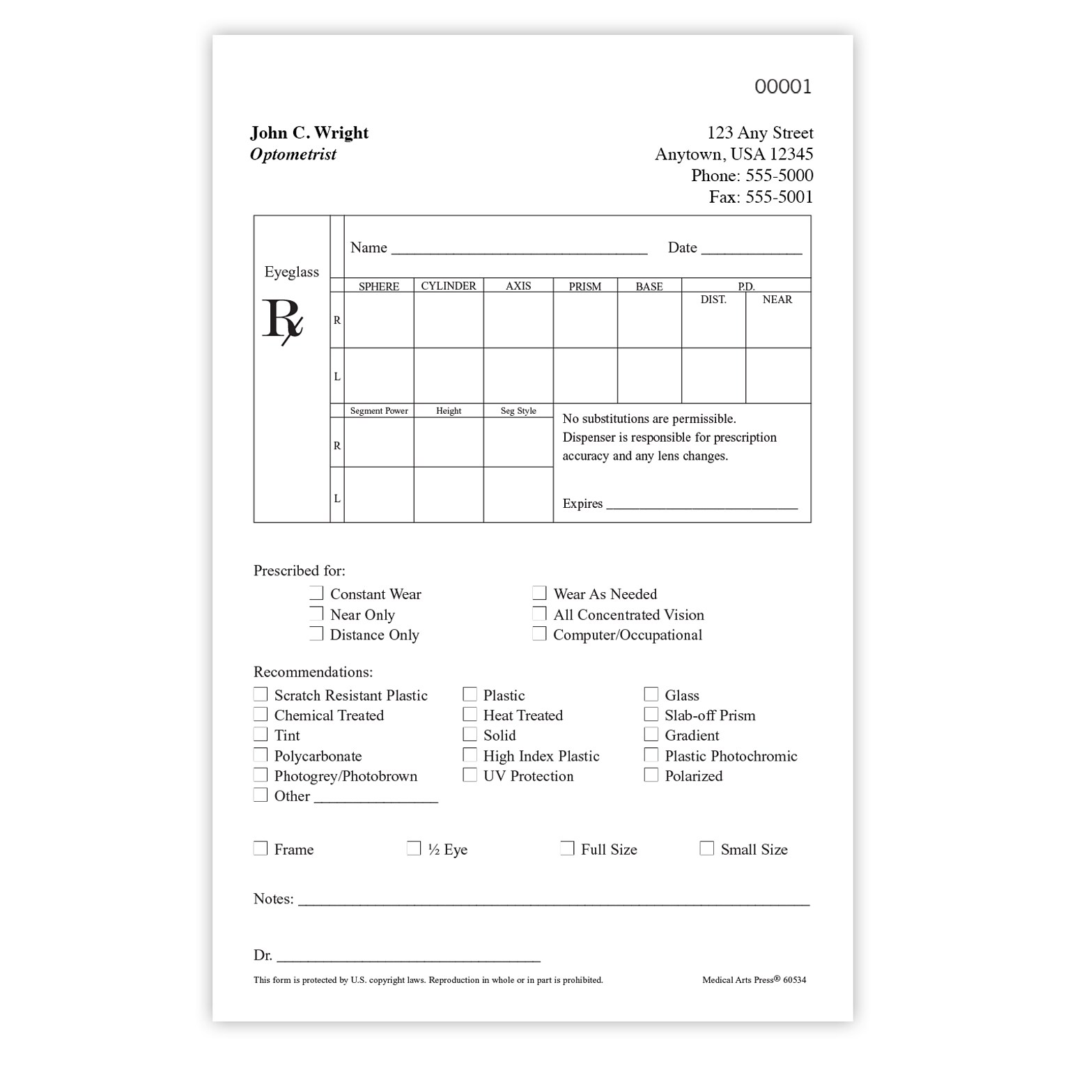 Numbered Eyeglasses Vertical RX Pads, Single Copy, 5 Pads per Pack