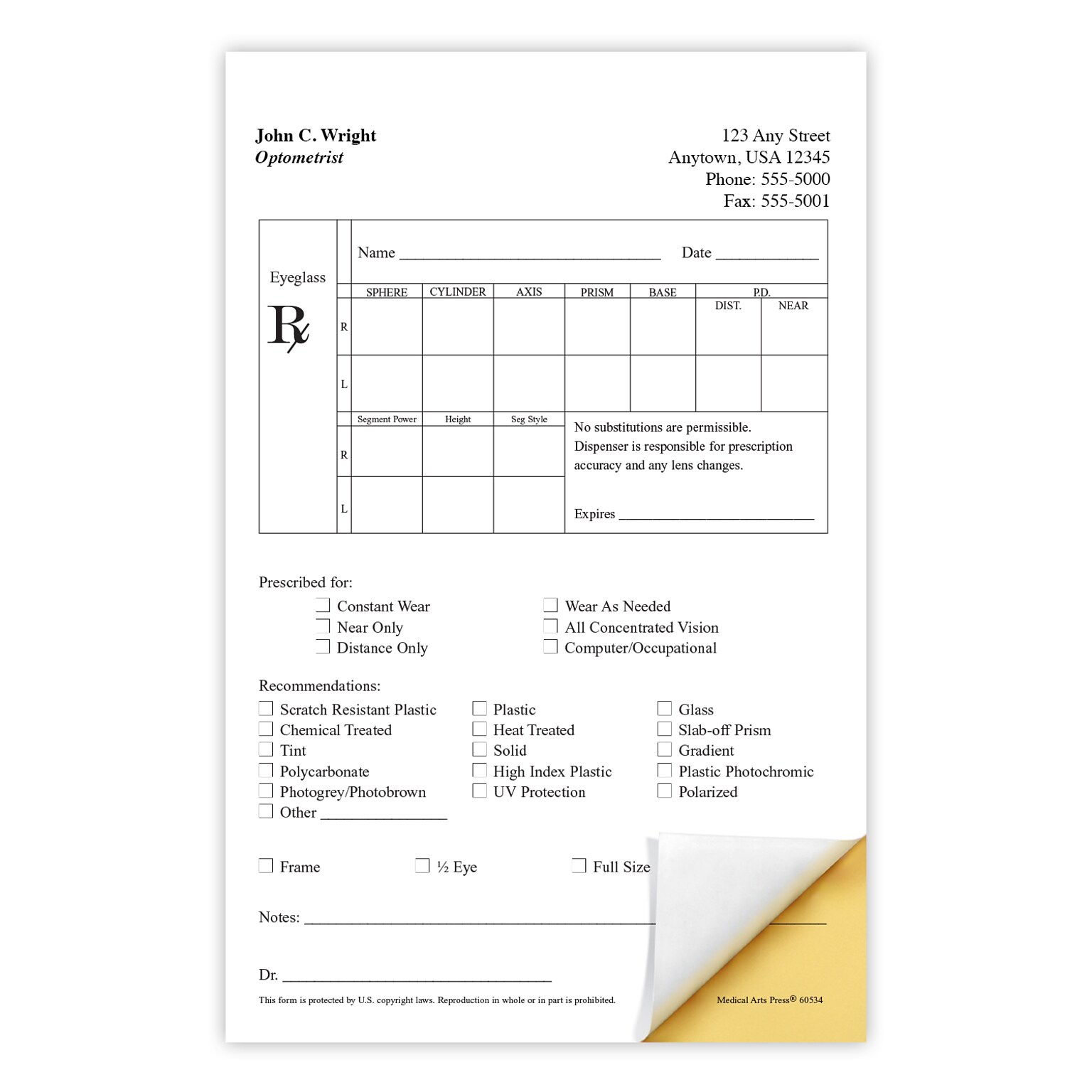 Eyeglasses Vertical RX Pads, 2-Part Carbonless, 5 Pads per Pack